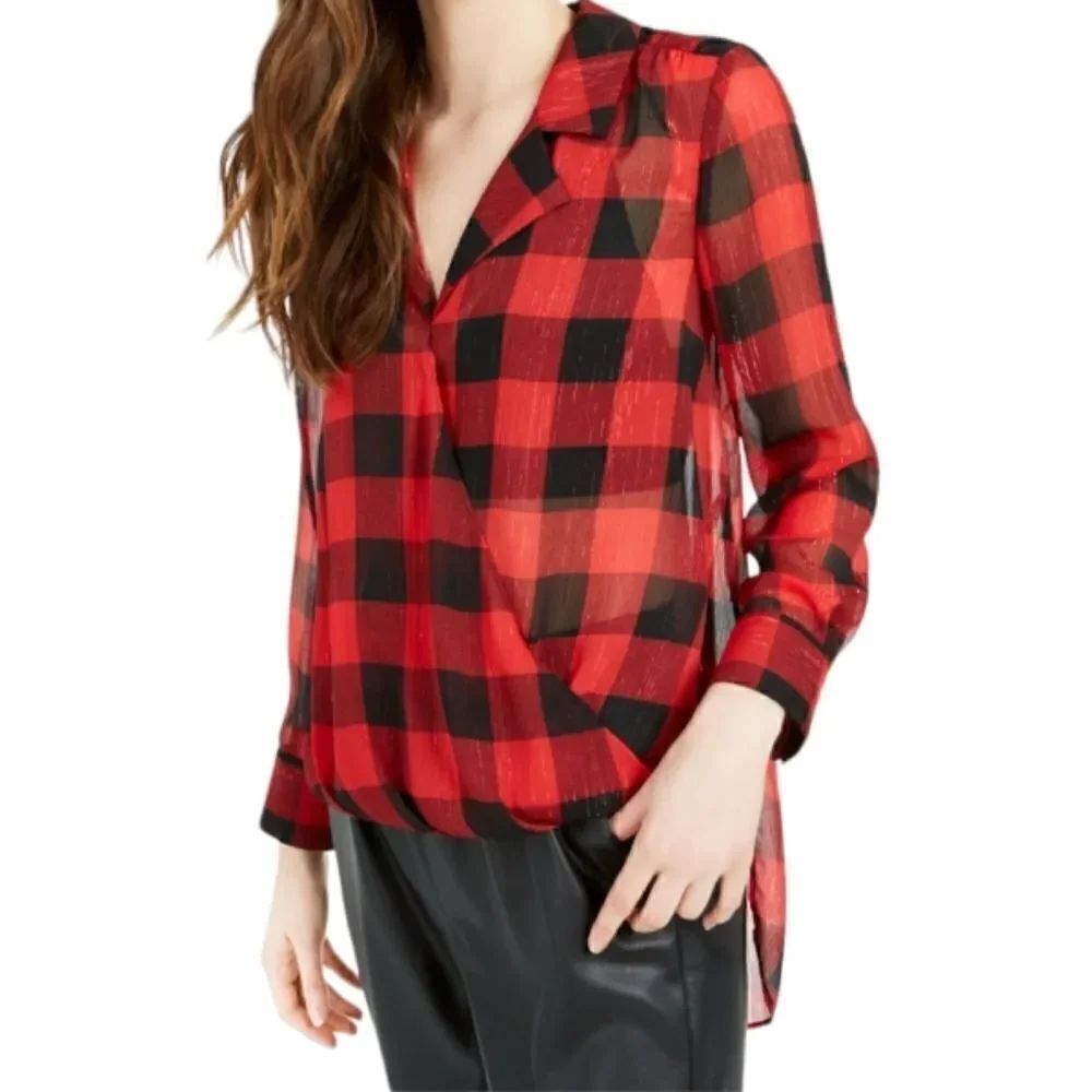 EC BAR III METALLIC PLAID SHEER HIGH/LOW TUNIC SZ. MEDIUM